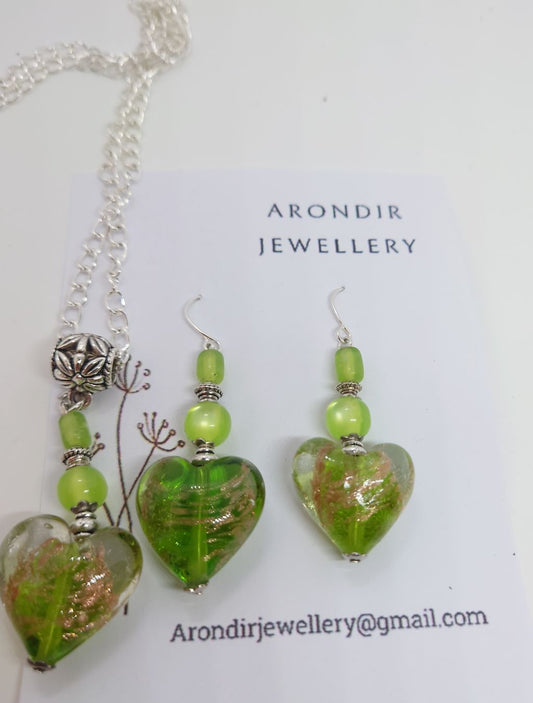Glass Heart Earrings & Necklace Set