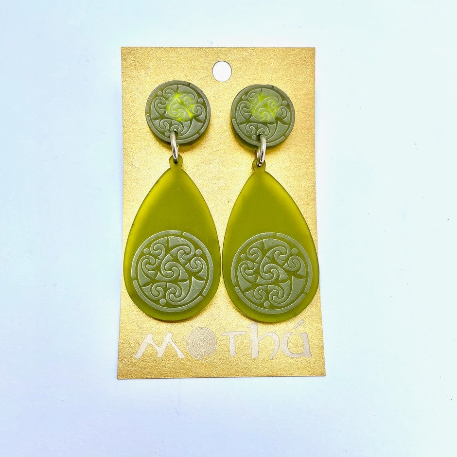 Emerald Green Tear Drop & Button engraved Earrings