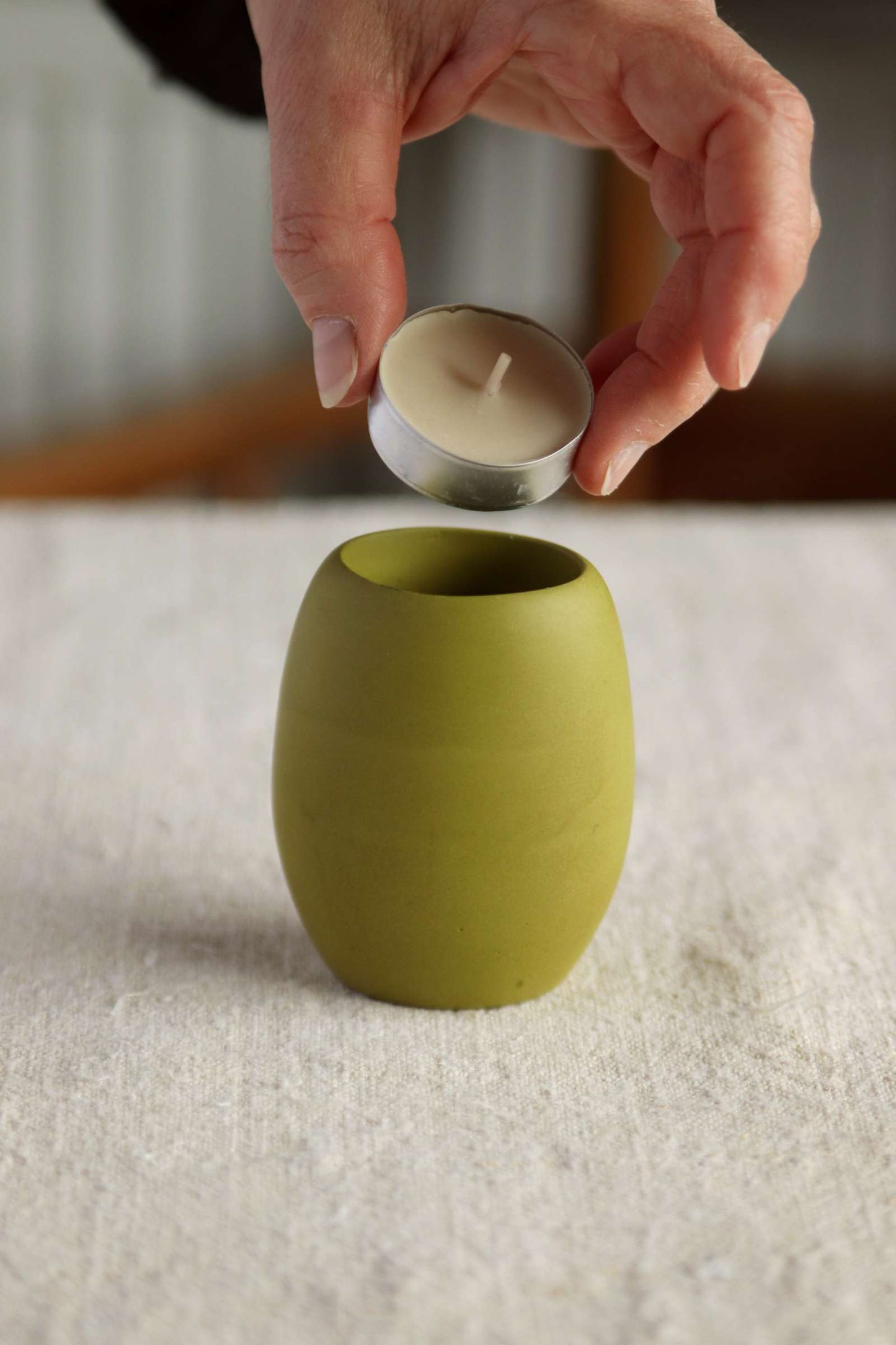 Oval Tealight Holder, Olive Green Collection